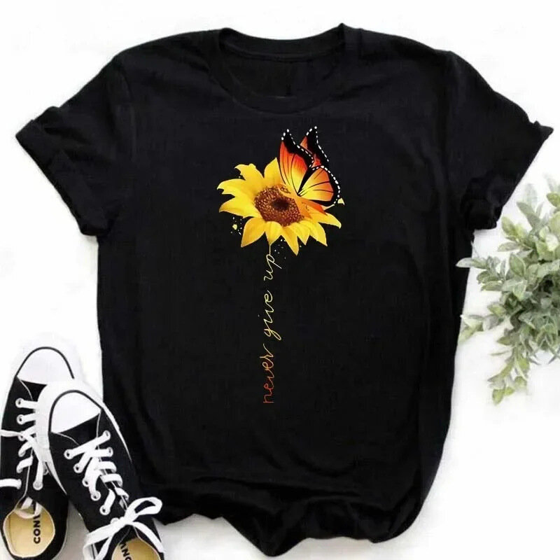 COTTON 100% Casual Cute Sunflower Butterfly Print T-shirt Comfortable Women's Black Top Oversized T Shirt  Graphic Tshirts