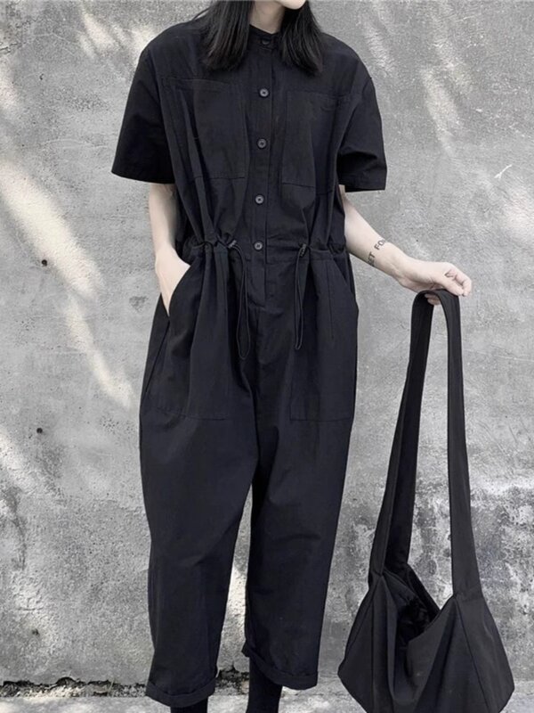女性用半袖ジャンプスーツ,巾着よだれかけ,足首までの長さのゆったりとしたパンツ,黒のカジュアルなファッション,夏,2024