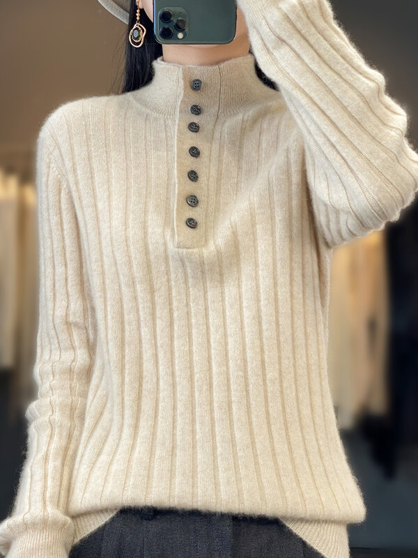 Wysokiej jakości sweter damski jesienno-zimowy na co dzień z kołnierzykiem 100% sweter z wełny merynosów zagęszczony ciepły dzianina z kaszmiru Top