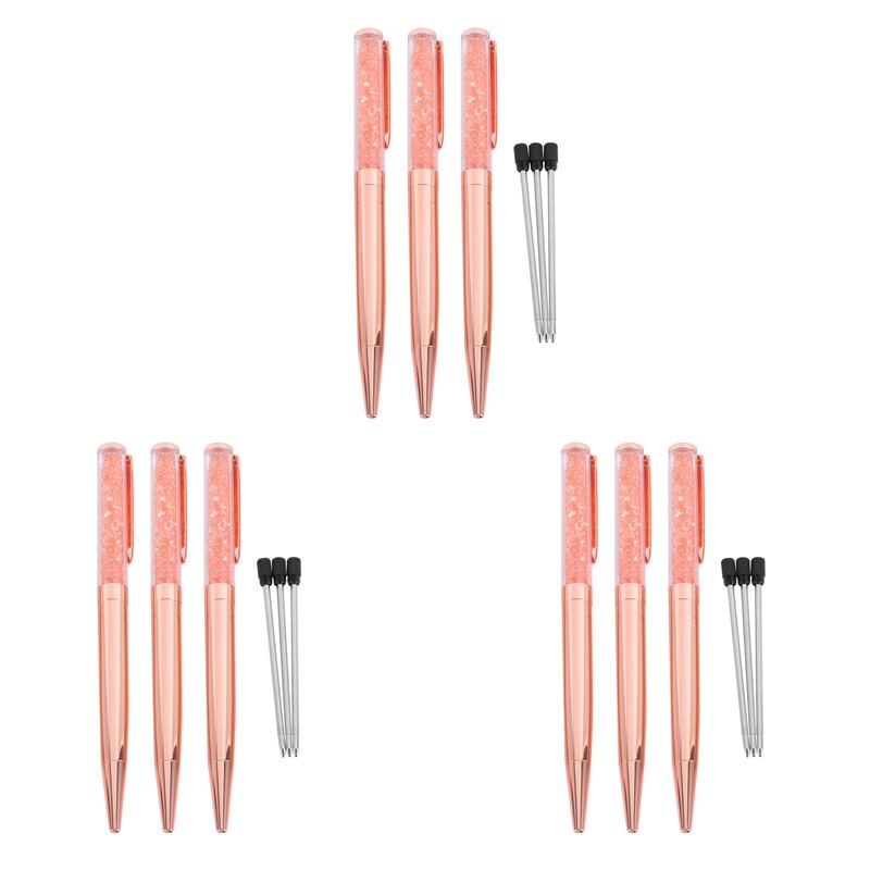 Rose Gold Pen Bling Crystal Ball Point Pen Black Ink Pen With 9 Extra Refills (Rose Gold 9 Pack)
