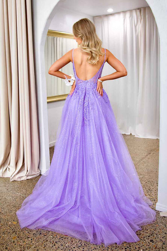 Spaghetti Straps Strapless Tulle Evening Dresses With Split Sparkly Corset Sleeveless Ball Gowns A-Line Long Formal Prom Gowns