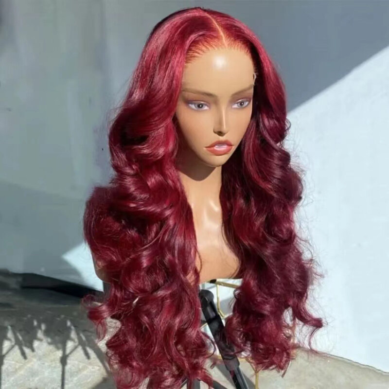 Long Curly Hair Wine Red Lace Frontal Wig Wave Soft Human Hair Wig for Women Synthetic Lace Wigs Cosplay