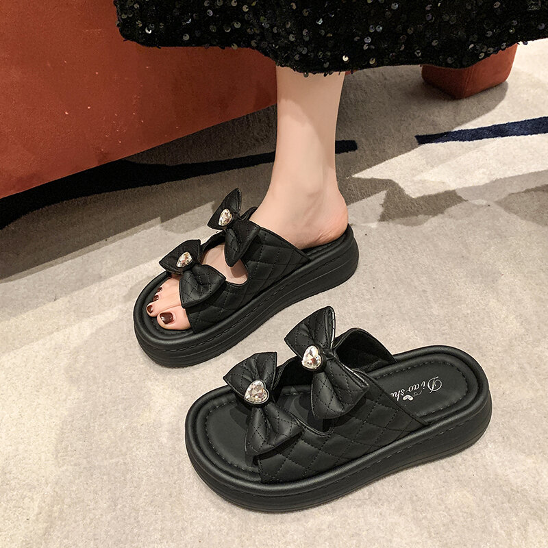 Sapatos plataforma com nó borboleta para mulheres, sapatilhas casuais, chinelos confortáveis, moda ao ar livre, monocromático, novo, verão 2024