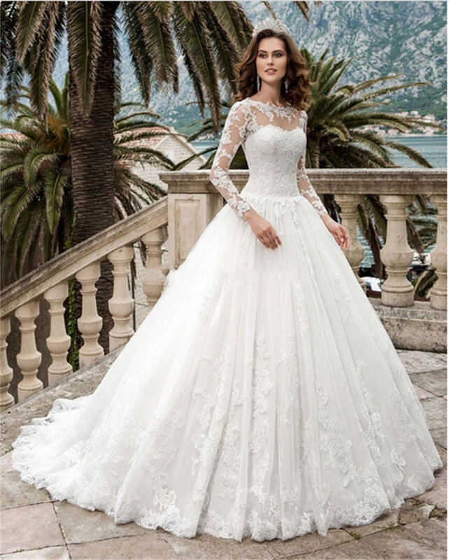 Elegant Appliques Lace Full Sleeves Illusion Ball Gown Wedding Dresses For Women 2024 Sweep Train Bridal Gowns Vestidos De Novia