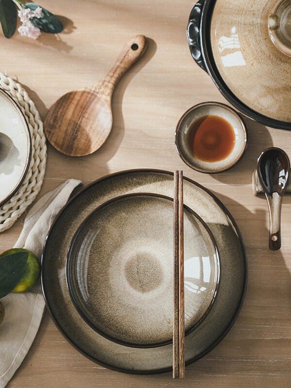 Set mangkuk dan piring rumah tangga, Jingdezhen ungu pasir Kiln transformasi peralatan makan kombinasi kelas atas piring Jepang dan