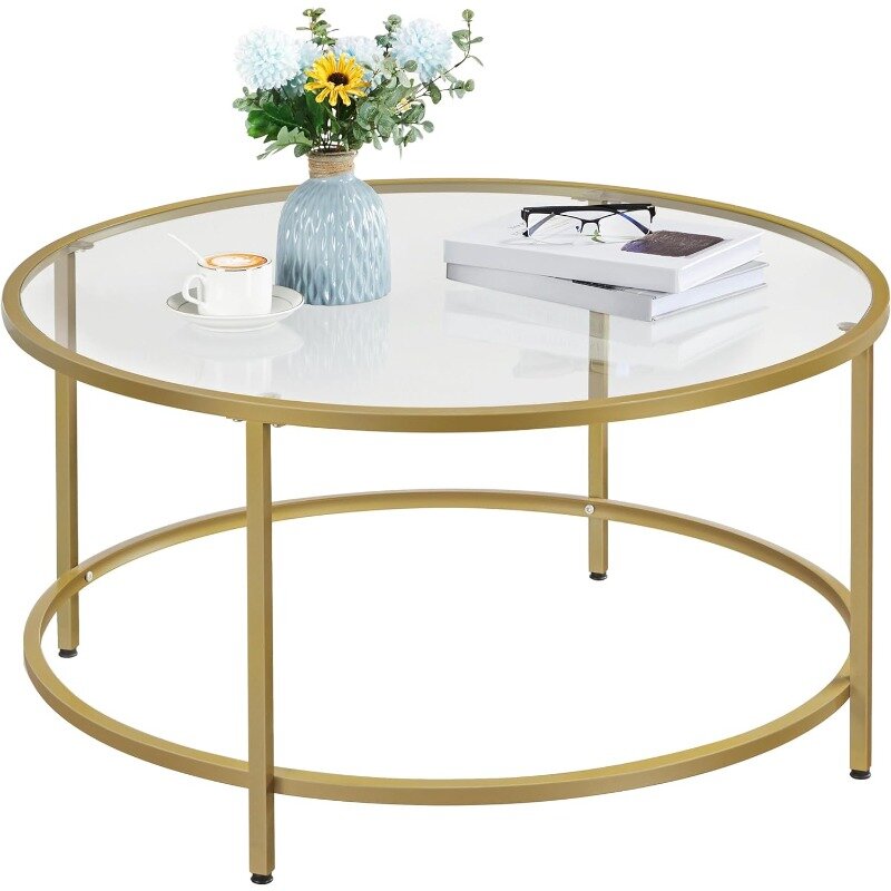 Gold Glass Coffee Table for Living Room, 36" Round Glass Coffee Table with Metal Frame, Circle Coffee Table for Home, Office