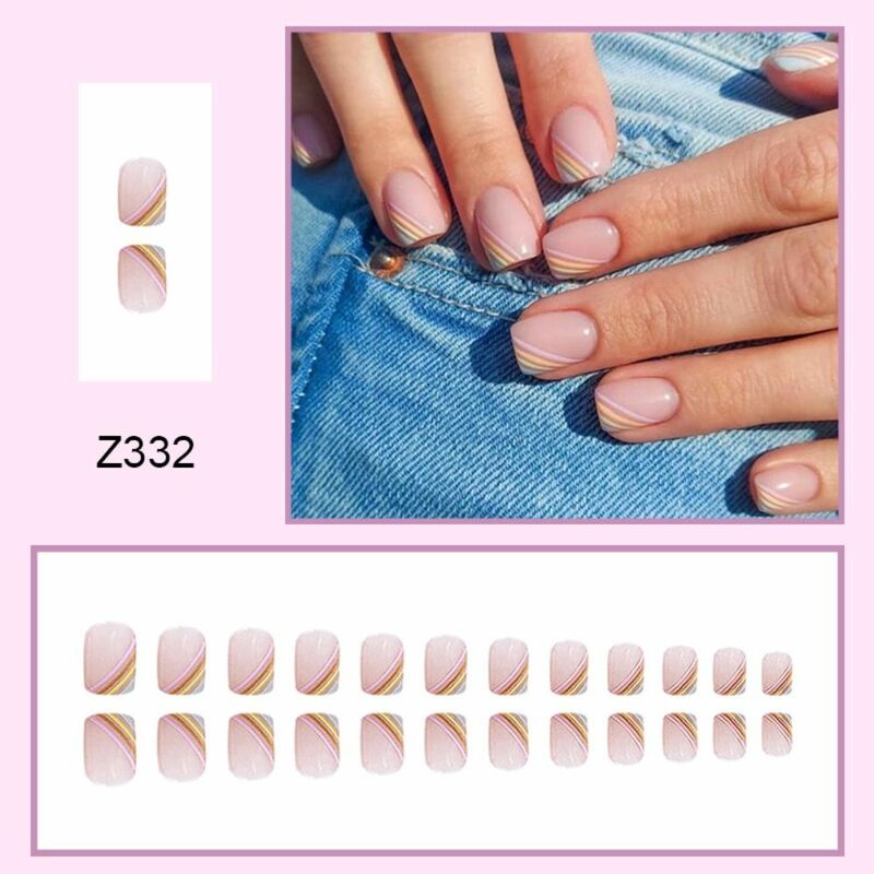 24pcs Fake Nails Press on Nail Tips Square Head French Geometric line Nail Waterproof Faux Short Fingernails
