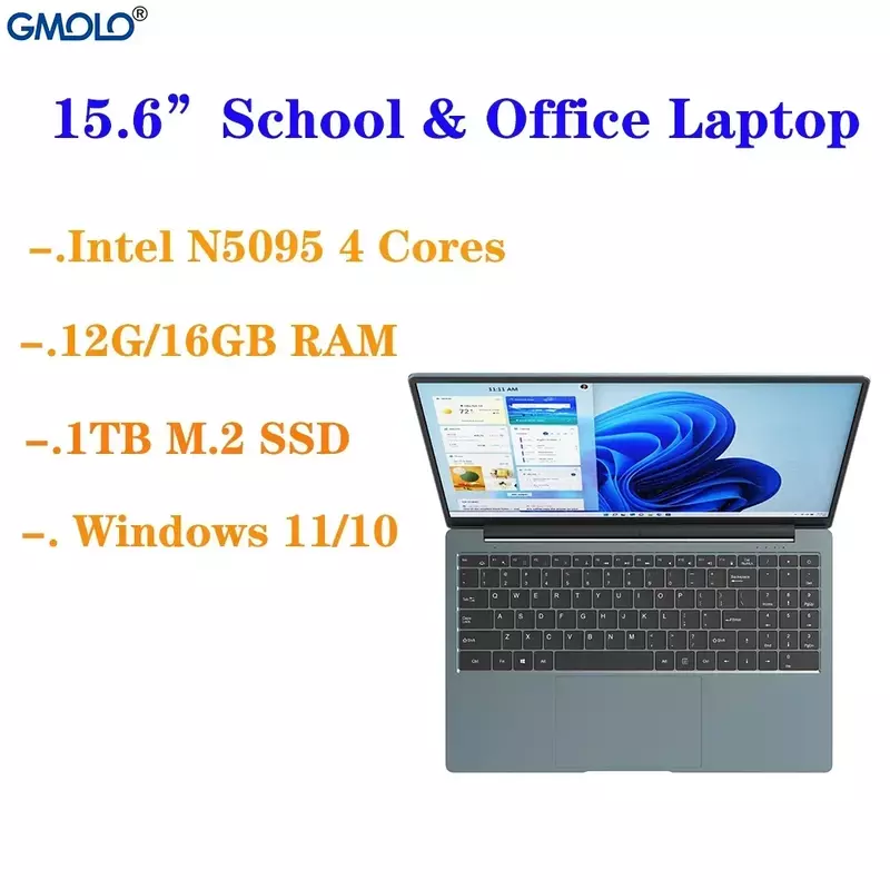 Gmolo 2023 15.6นิ้ว Windows 11แล็ปท็อป16GB แรม DDR4 M.2 SSD Maxi 1TB N5095 Quad Core ปลดล็อกด้วยลายนิ้วมือหน้าจอ FHD