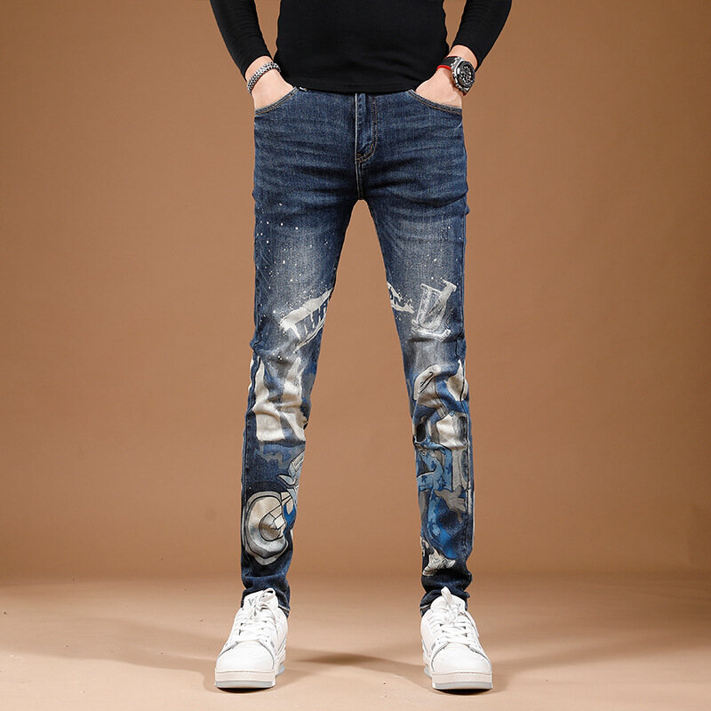 Новинка 2024, модные мужские облегающие эластичные джинсовые брюки с принтом
