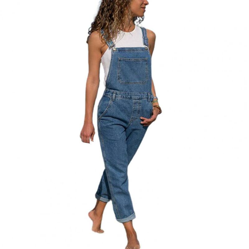 Women Denim Jumpsuit Side Pockets Solid Color Adjustable Strap Plus Size Loose Backless Square Neck Backless Lady Overalls
