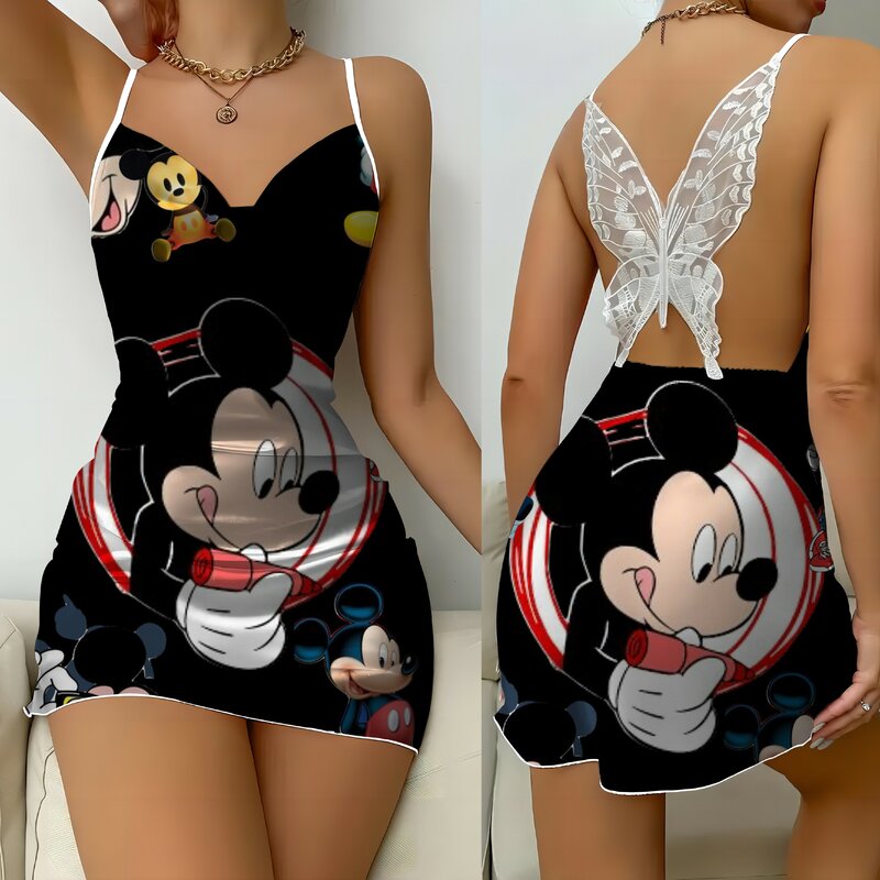 Vestido de Mickey con espalda descubierta para mujer, minivestido Sexy con lazo, falda de pijama de Disney, Minnie Mouse, superficie de satén, moda de verano 2024