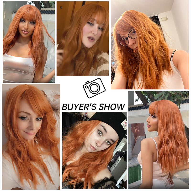 LOUIS FERRE Orange Body Wave Synthetic Wigs With Bangs Long Copper Curly Hair Wig Colorful Cosplay Costume Heat Resistant Fiber
