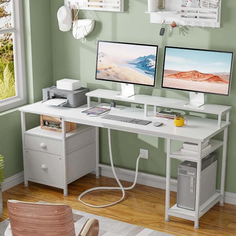 Desk with LED Light & Power Outlets, Reversible Computer Desk with File Cabinet & Drawer,