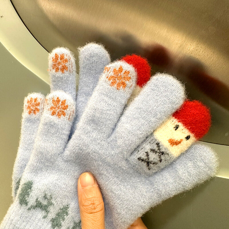 Sarung tangan hangat tebal musim gugur musim dingin untuk pria wanita sarung tangan manusia salju kecil rajut layar sentuh sarung tangan cantik tangan lima jari