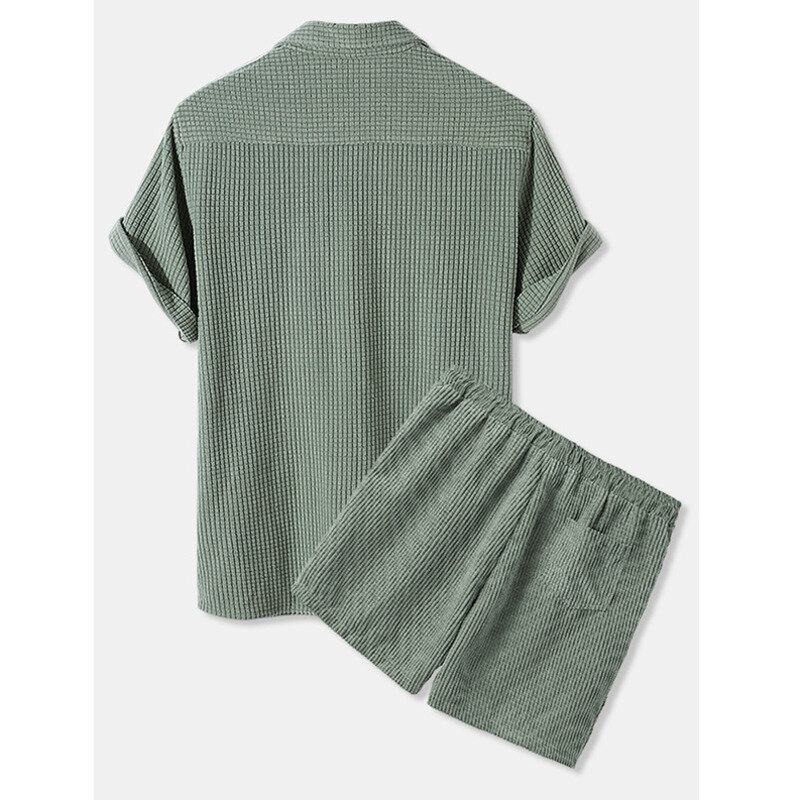 Summer Mens Shirt Sets Thin Corduroy Solid Breathable Short Sleeve Waffle Shirts & Shorts Men Set with Pocket Tracksuit