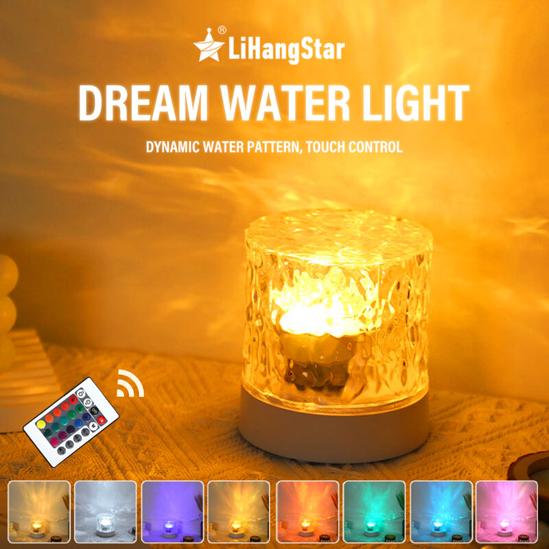 LED Água Ripple Atmosfera Night Light, USB Girando Projeção, Candeeiro de Mesa de Cristal RGB, Regulável para Quarto, Cabeceira Sala de Jogos, Presente