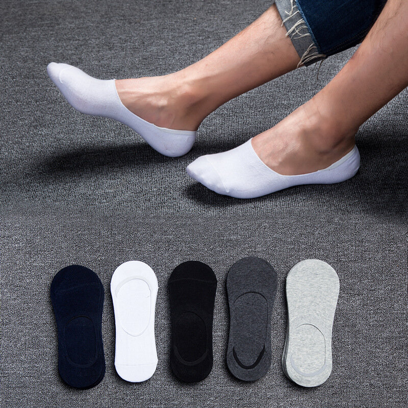 5 Pairs Men Short Boat Socks Invisible Low Cut Silicone Non-slip Summer No-show Ankle Cotton Socks Solid Color Casual Breathable