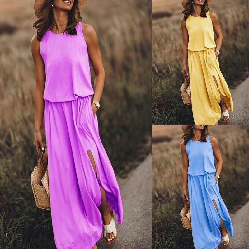 Gaun wanita tanpa lengan leher bulat, rok panjang kasual warna polos potongan pendek musim panas