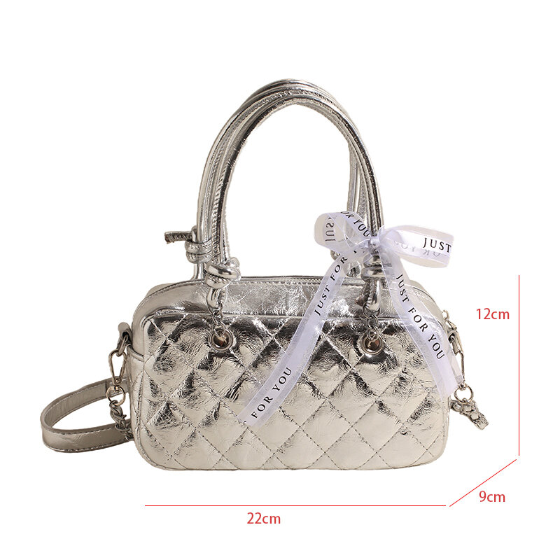 Small Silver Women's Shoulder Bag PU Leather Lingge Pattern Crossbody Bag Brand Designer Handbag And Purse Versatile Satchel