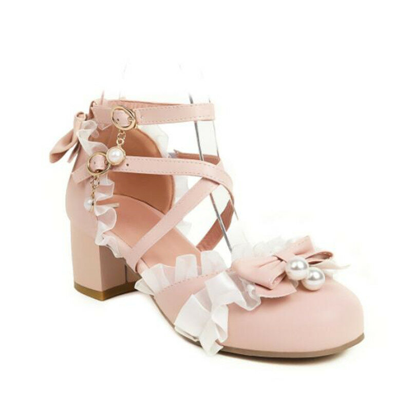 Туфли на высоком каблуке для девочек, босоножки принцессы, модные туфли-лодочки с жемчужинами, бантом и оборками в стиле "Лолита", свадебные женские туфли-лодочки, размеры 30-48