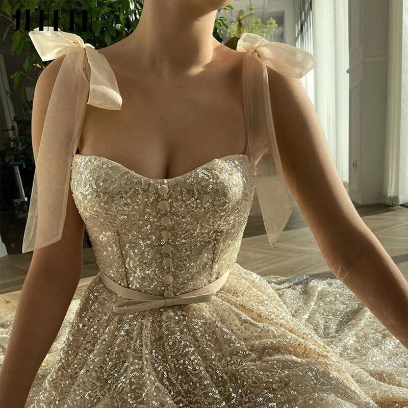 Adult Birthday Prom Evening Dress Champagne Transparent Bow Sequin Sweetheart Bra Party Dress with Pocket and Ankle Length