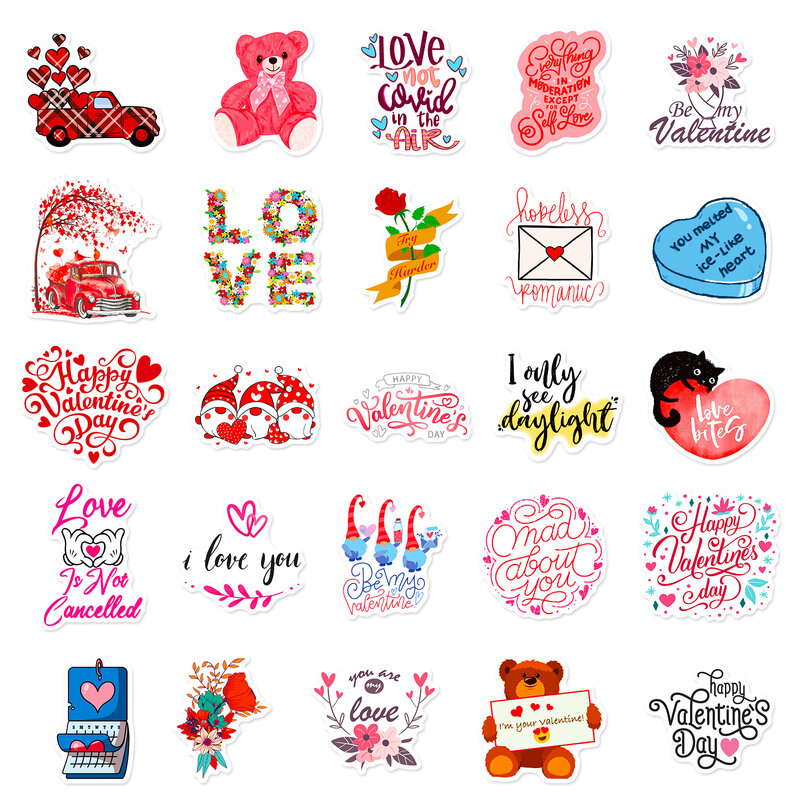 50 buah stiker grafiti seri Hari Valentine romantis, stiker mainan DIY Dekorasi Desktop helm Laptop