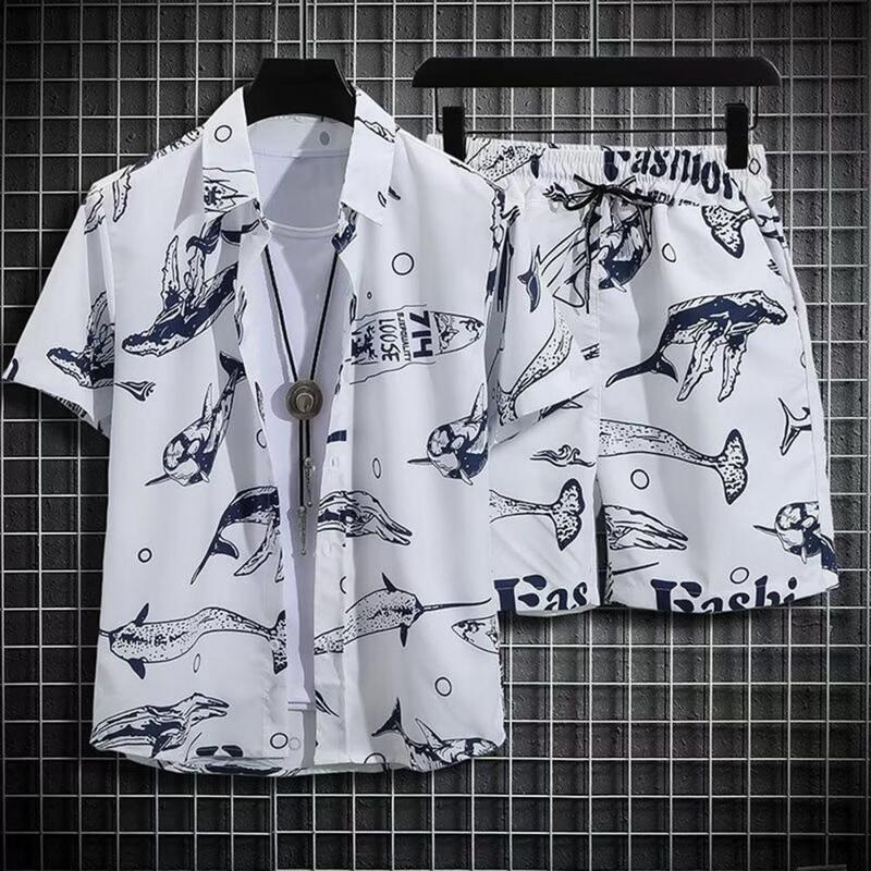 3d Printed Men Outfit Hawaiian Style Outfit Lapel Shirt Elastic Waist Shorts Set with Pattern Beach Attire for A Stylish Look