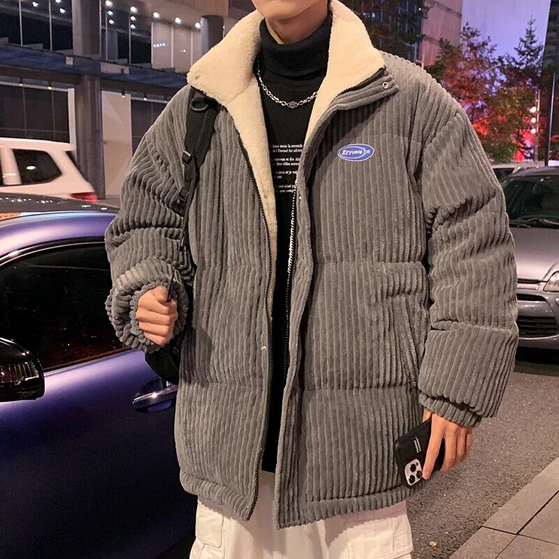 Homem oversized parkas coreano gola jaquetas engrossar velo masculino casual zíper jaquetas outwears masculino inverno quente paraks