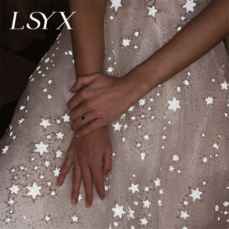 LSYX 우아한 샤이니 스타 얇은 명주 그물 민소매 짧은 웨딩 드레스, 스파게티 스트랩, 차 길이 지퍼 신부 가운, 맞춤 제작
