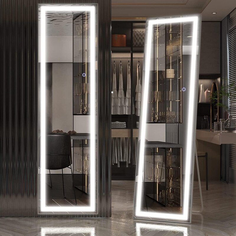Cermin panjang penuh, 63 "X 20" dengan lampu dan dudukan, terpasang di dinding dan cermin lantai, lampu LED, peredupan & 3 mode warna, putih