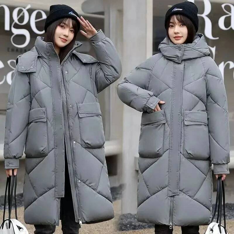 Jaqueta puffer de algodão grosso feminino, casaco comprido, jaqueta acolchoada, inverno, 2024