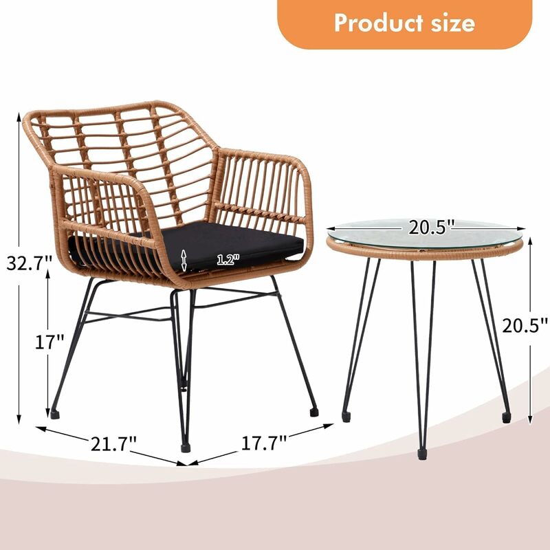 3 Pieces Wicker Patio Bistro Furniture Set, Includes 2 Chairs and Glass Top Table, Ideal for Porch, Outdoor, Backyard, Apartment