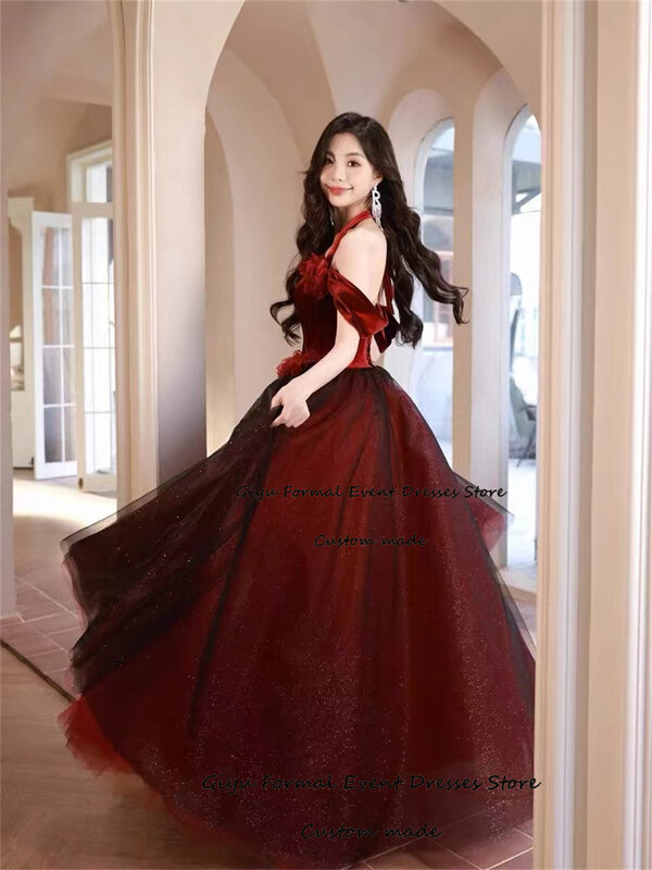 Блестящие винные бордовые вечерние платья Giyu трапециевидного силуэта, корейское свадебное платье с 3D цветами, блестящие вечерние платья из тюля