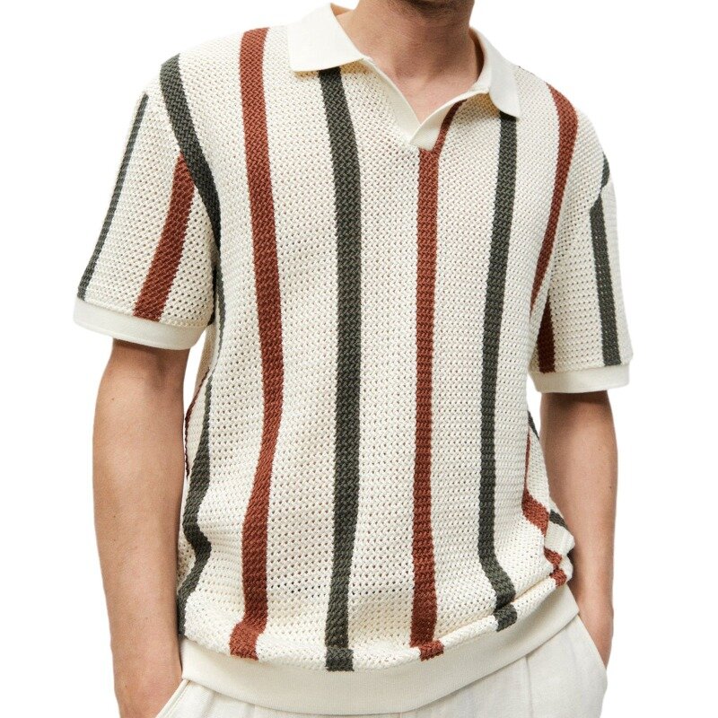 2024 Summer European and American Style Thick Needle Hollow Short Sleeve Knitted Shirt Stripe Contrast Woolen Casual Polo Shirt