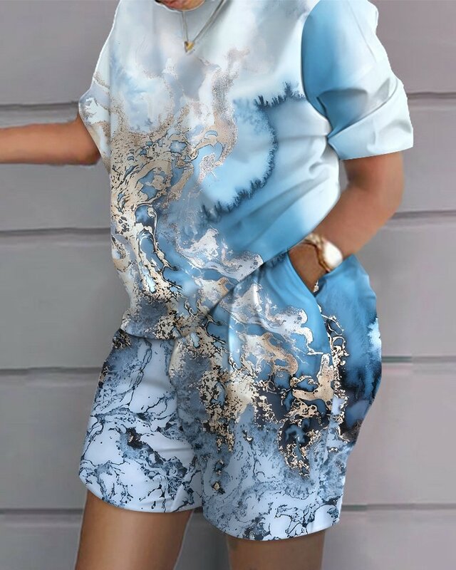 Женский Повседневный комплект из двух предметов, футболка с коротким рукавом и шорты с цветным принтом, винтажная модель 2024, MsChuh