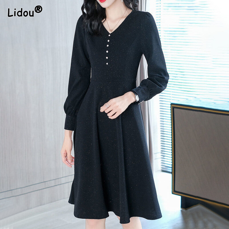 Vestido negro ajustado de manga larga para mujer, ropa cómoda con cuello en V, Color liso, moda de oficina, 2022