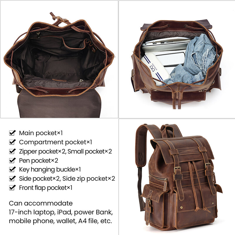 Рюкзак JOGUJOS мужской из натуральной кожи, винтажный Повседневный дорожный ранец из кожи Крейзи Хорс, модный дизайнерский портфель для ноутбука 17 дюймов