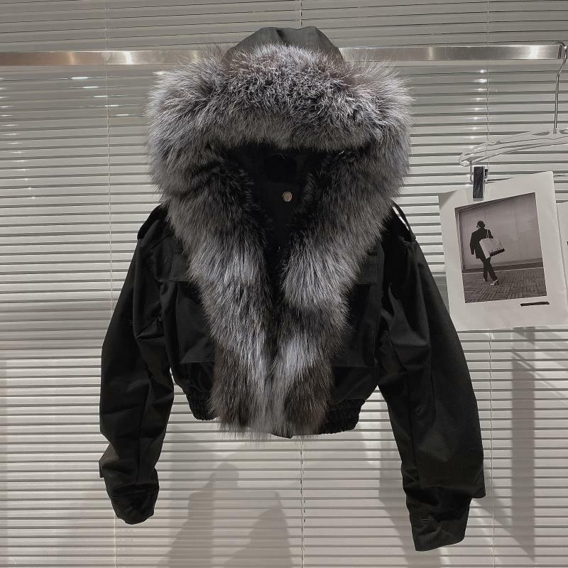 Женская короткая куртка с капюшоном, теплая хлопковая куртка большого размера с воротником из лисьего меха и подкладкой из кроличьего меха, новинка зимнего сезона 2022