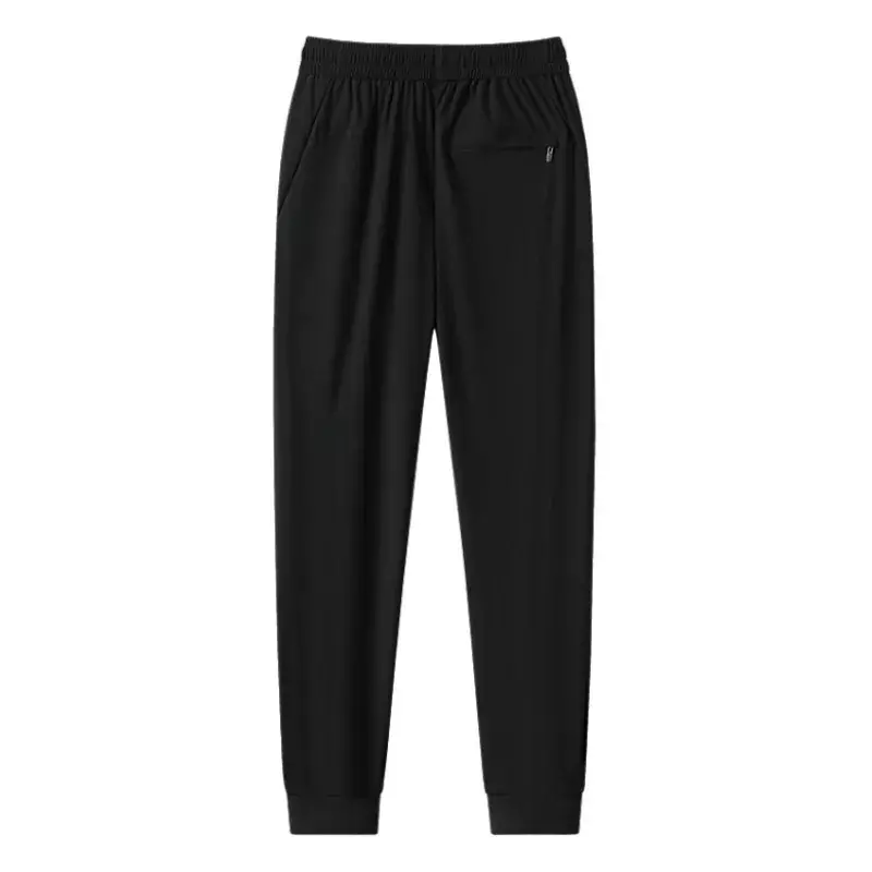2024กางเกงผ้าไอซ์ซิลค์ผู้ชาย, กางเกงขาตรงสีดำอเนกประสงค์ระบายอากาศได้ดีมีเชือกรูดกางเกงกีฬา L-7XL