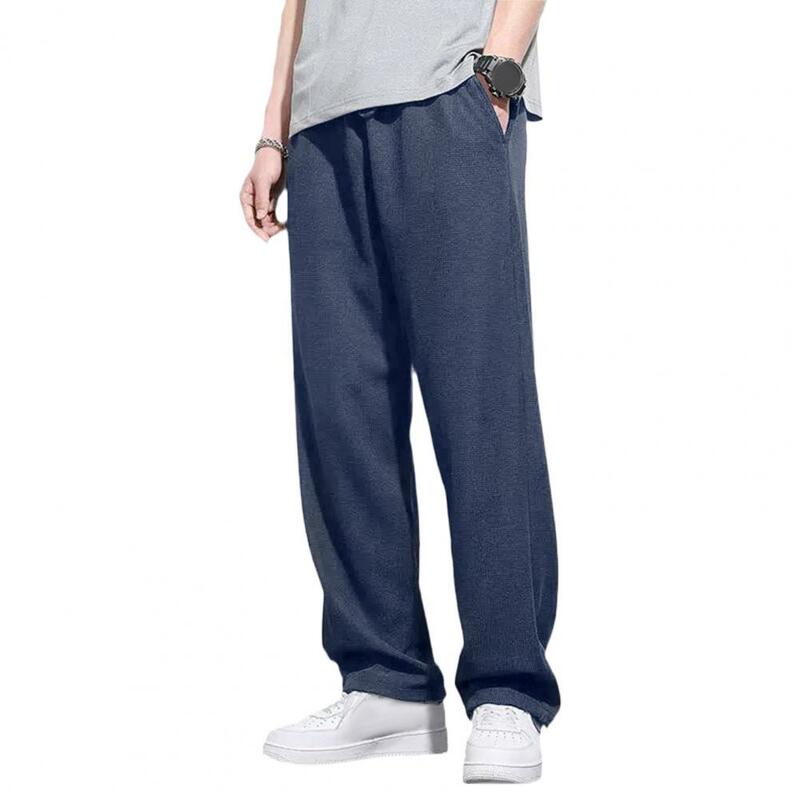 男性用ルーズスウェットパンツ、ストレート巾着、伸縮性ウエスト、ポケット、通気性、カジュアルロングパンツ、プラスサイズ
