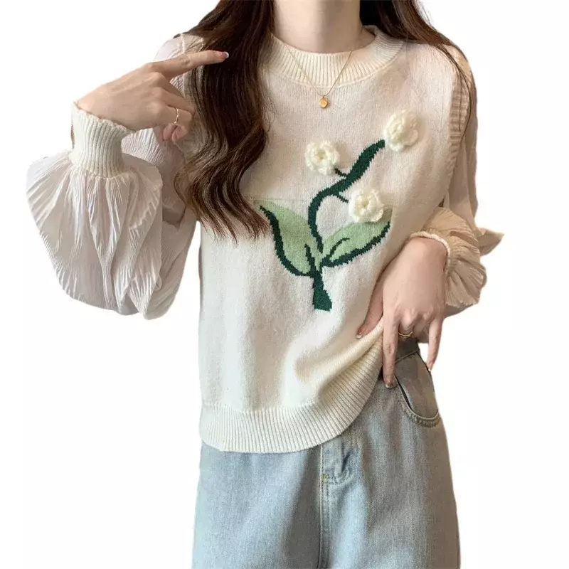Suéteres de punto de dos piezas falsas para mujer, jerséis de flores 3D
