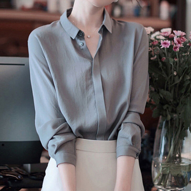 Fashion New Summer Clothes for Women Square Collar Button Mulberry Silk Shirt Thin Solid Long Sleeve Loose Sun Protection Blouse
