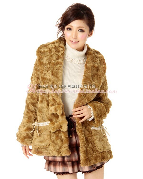 日本のローリザ冬の厚手のレースベルベットリボンの毛皮のコート