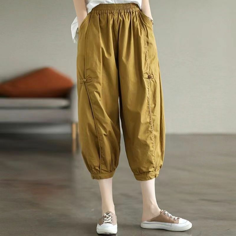 กางเกงทรงฮาเร็มผู้หญิงกางเกงแฟชั่นสามส่วนผ้าฝ้ายเอวสูงมีกระเป๋าสีทึบเอวสูงยืดหยุ่นบางสำหรับฤดูร้อน