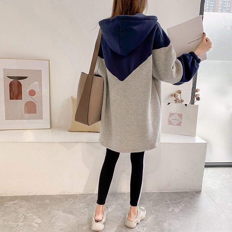 Spring Autumn Oversized Loose Casual Fashion Patchwork Midi Hoodies Top Women Zipper Sweatshirt Comfortable All-match Pullover