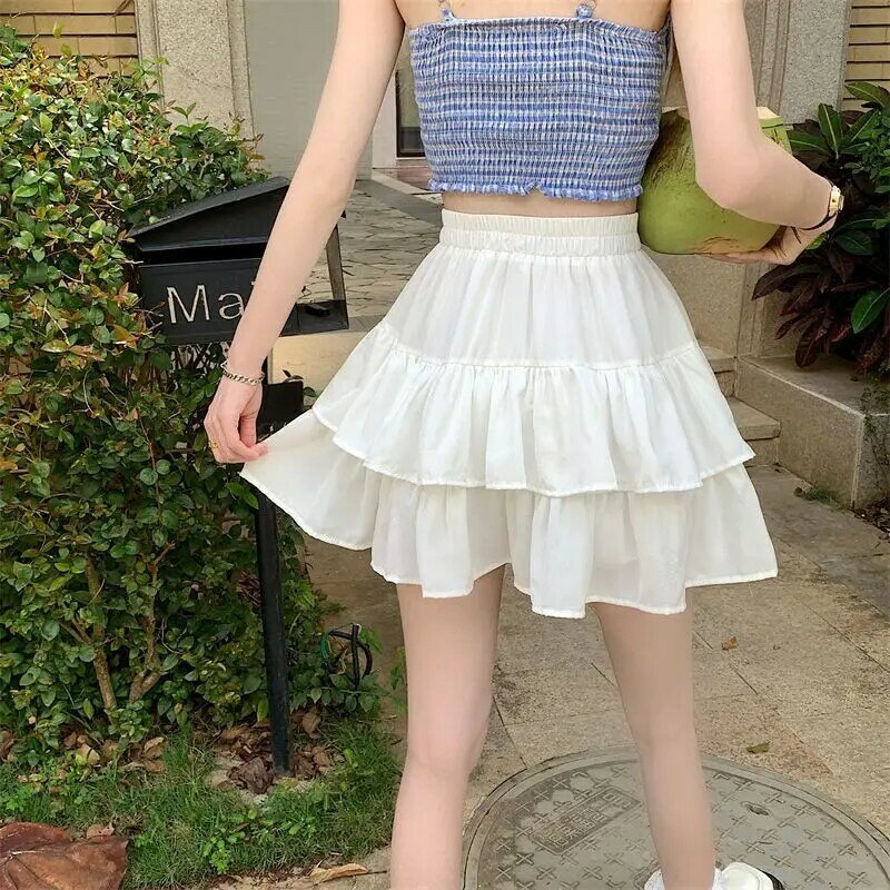 HOUZHOU Kawaii Ruffle Skirt Shorts Women Korean Fashion Cute Elastic High Waist Solid A-line Lolita Mini Skirt Casual Summer
