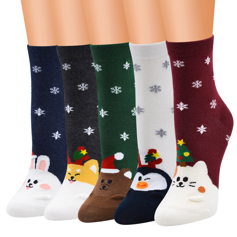 Meias de algodão de comprimento médio para mulheres, meias Jacquard Snow Elk, absorvente de suor e respirável, Papai Noel, inverno, novo