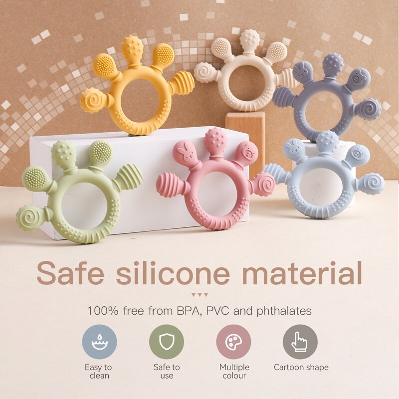 1 buah silikon Teether, makanan Grade Bayi 0-12 mainan, cincin gigit mainan sensorik untuk balita, silikon hewan menenangkan aksesoris mainan