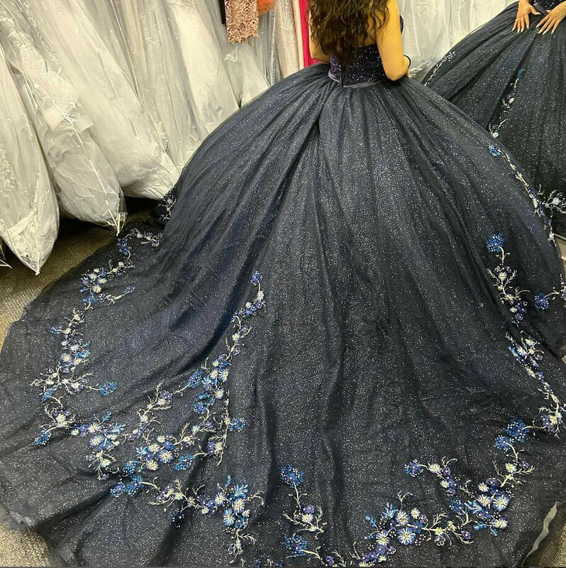 Granatowa księżniczka sukienka na Quinceanera skrzela spódnica z tiulu przedsionków 15 Anos cekinowych Ballkleid Vestidos De Debutante słodkie 16