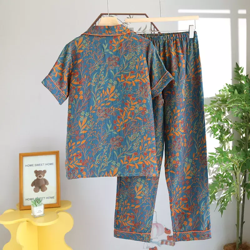Conjunto de pijamas de manga corta para mujer, ropa de dormir de algodón puro con estampado Floral, camisón, ropa de noche
